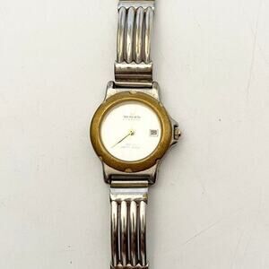 Skagen Watch Women Silver Tone White Dial Gold‎ Bezel Ribbed Band Needs Battery